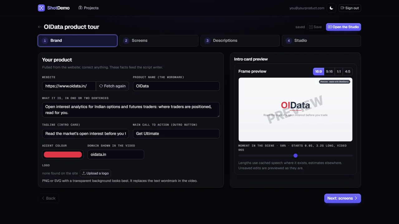 ShotDemo step 1: the product's name, colours and logo read from its website